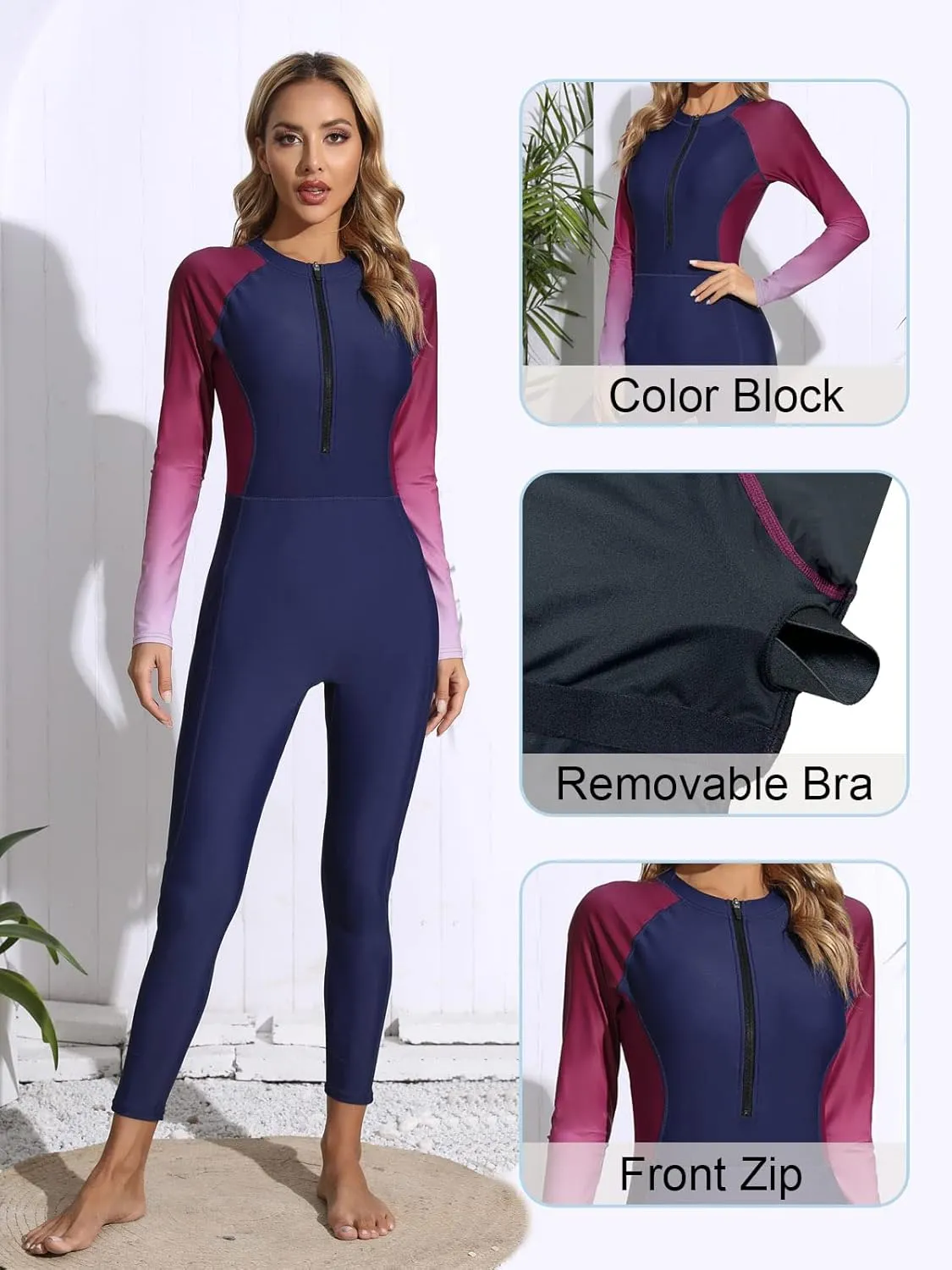 Womens Full Body Zip Front Rash Guard Long Sleeve One Piece Bathing Suit with Built in Bra UPF50  Surf Swimsuit