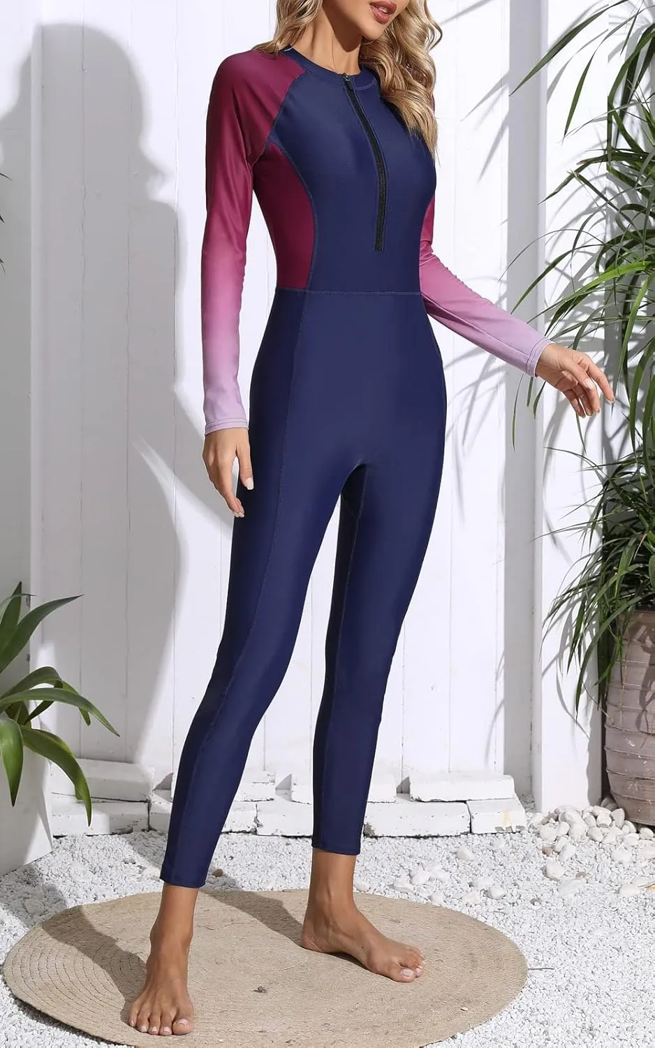 Womens Full Body Zip Front Rash Guard Long Sleeve One Piece Bathing Suit with Built in Bra UPF50  Surf Swimsuit