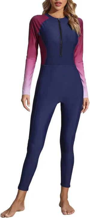 Womens Full Body Zip Front Rash Guard Long Sleeve One Piece Bathing Suit with Built in Bra UPF50  Surf Swimsuit