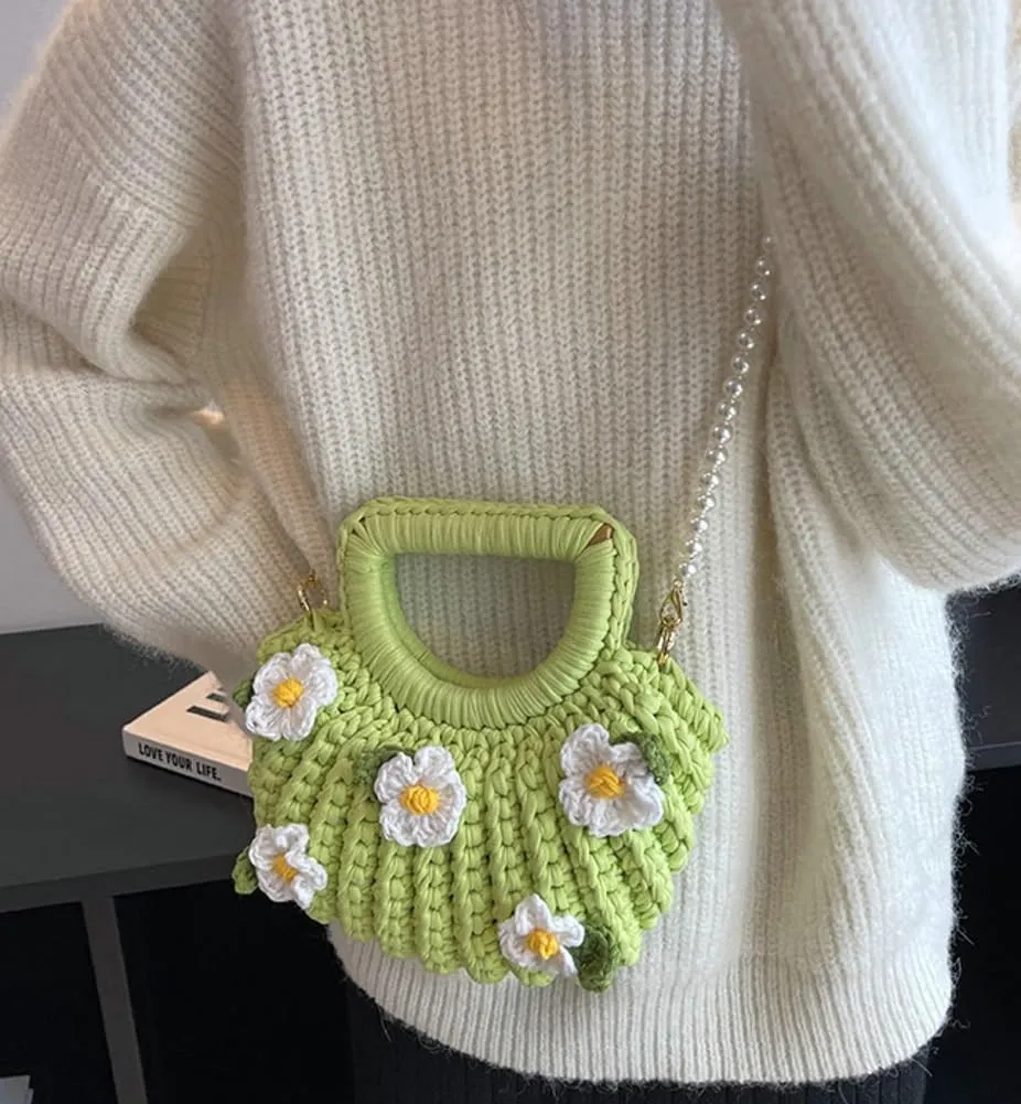 Women's Handmade Purses Tote Bag Cotton Thread Crochet Crossbody Shoulder Bag DIY Knit Woven Handbag Shell Clutch
