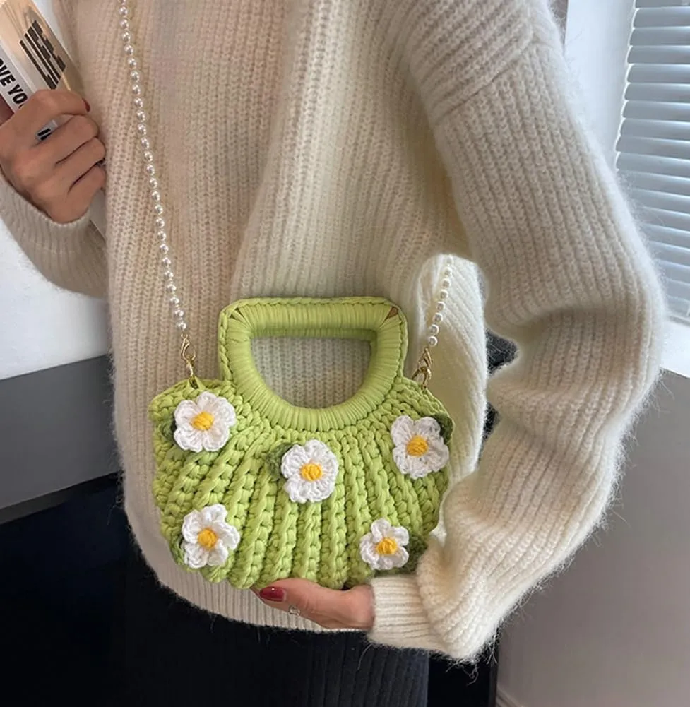 Women's Handmade Purses Tote Bag Cotton Thread Crochet Crossbody Shoulder Bag DIY Knit Woven Handbag Shell Clutch