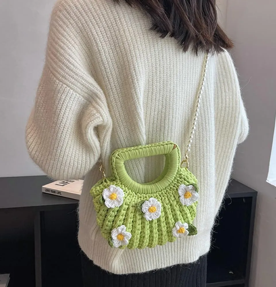 Women's Handmade Purses Tote Bag Cotton Thread Crochet Crossbody Shoulder Bag DIY Knit Woven Handbag Shell Clutch