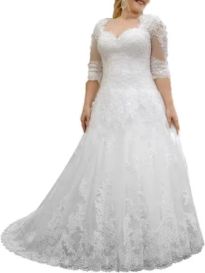 Women's Lace Wedding Dresses for Bride with 3/4 Sleeves Plus Size Bridal Gown