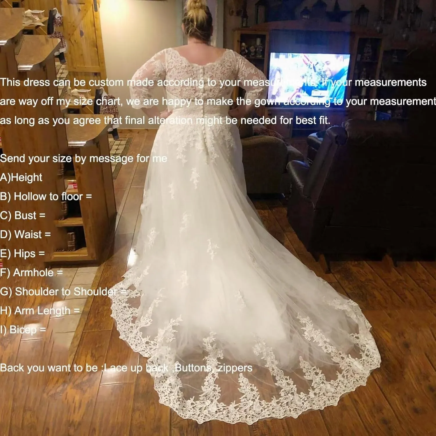 Women's Lace Wedding Dresses for Bride with 3/4 Sleeves Plus Size Bridal Gown
