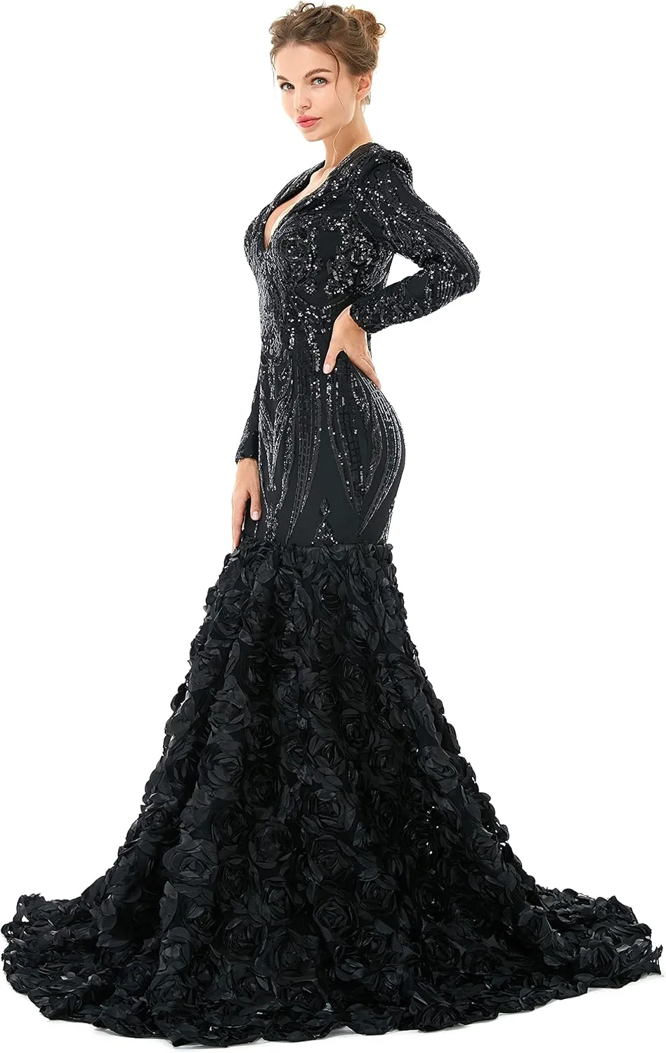 Women's Long Sleeves V-Neck Rose Sequins Mermaid Evening Dress