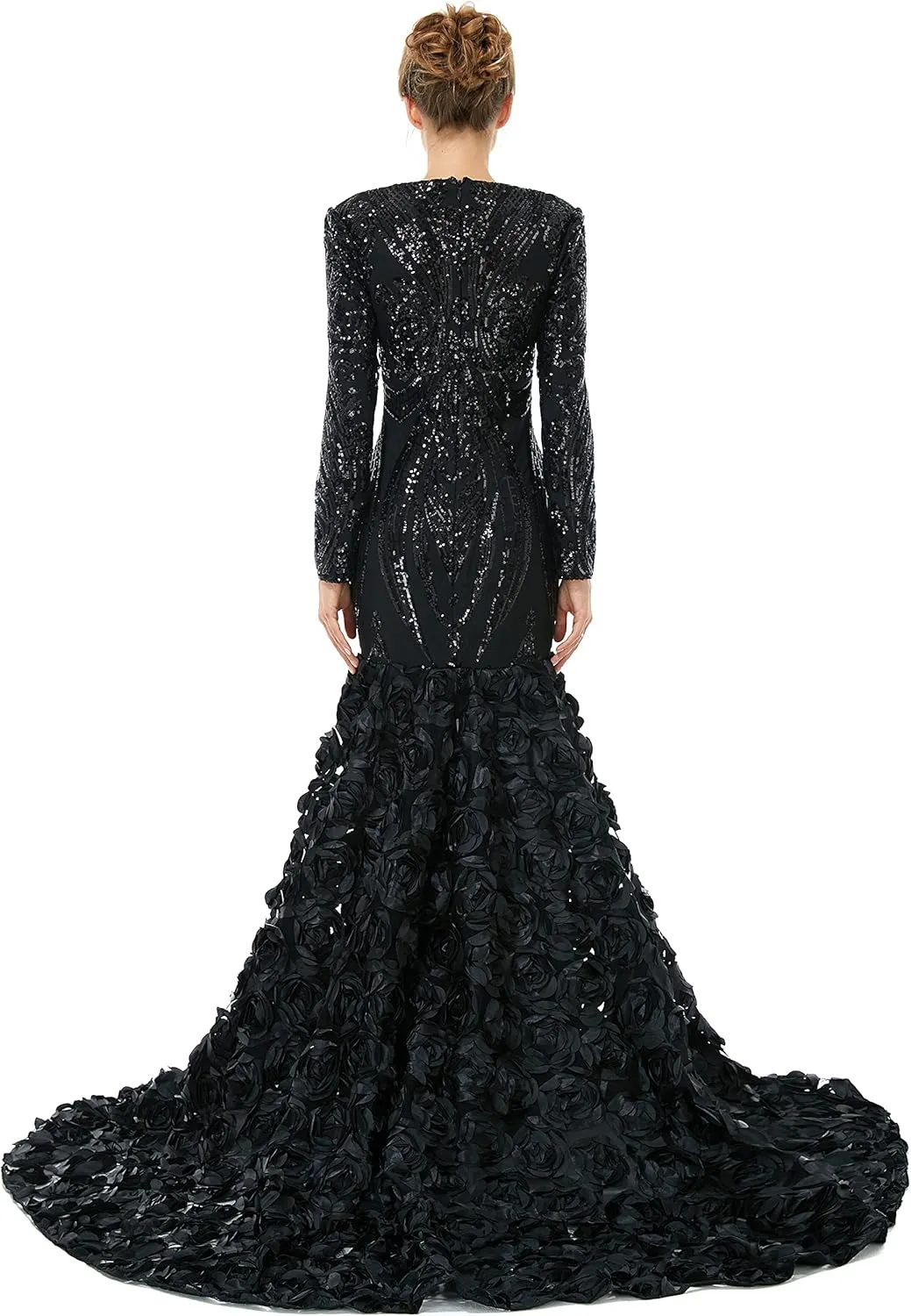 Women's Long Sleeves V-Neck Rose Sequins Mermaid Evening Dress