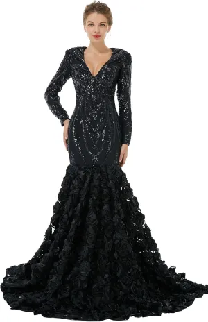 Women's Long Sleeves V-Neck Rose Sequins Mermaid Evening Dress