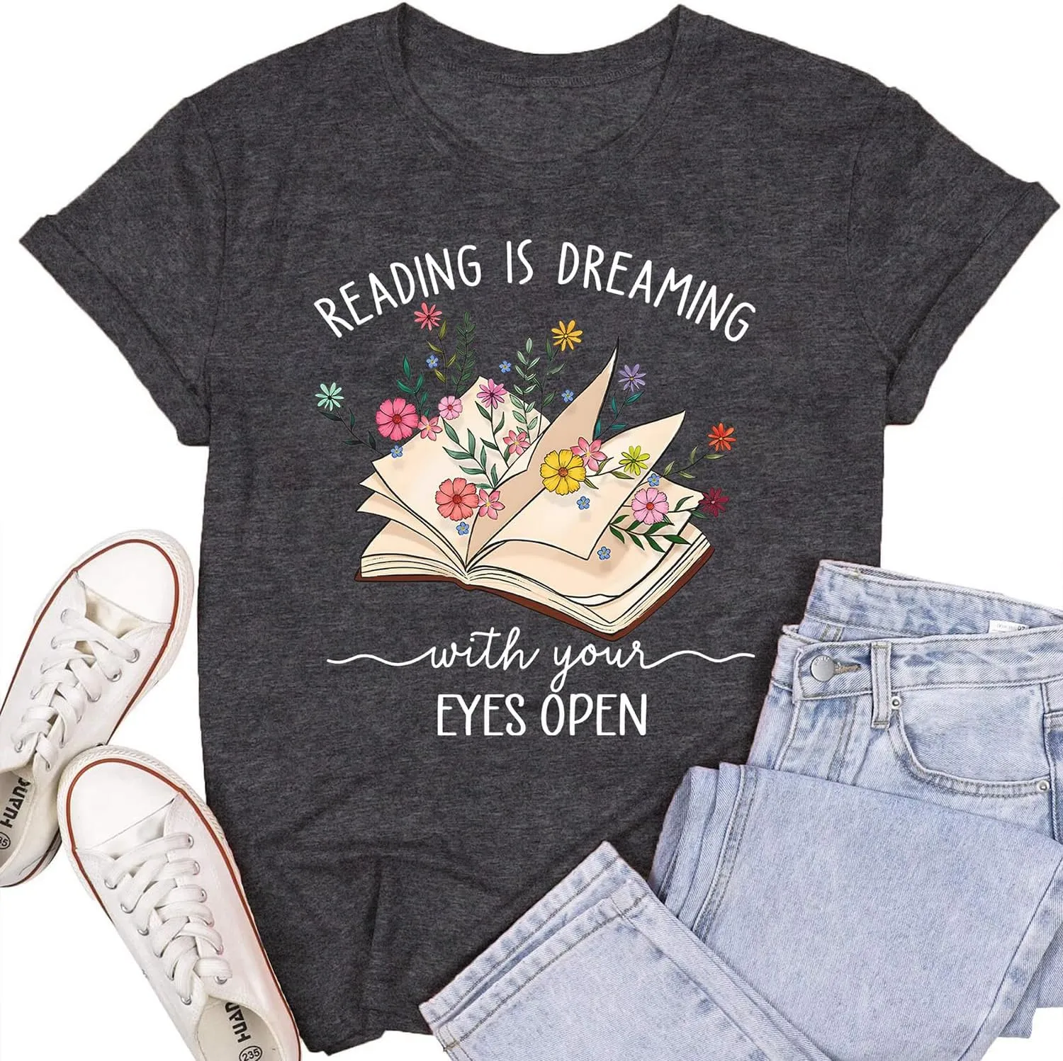Womens Reading Shirts Book Lover Bookworms T-Shirt Book Heart Tops