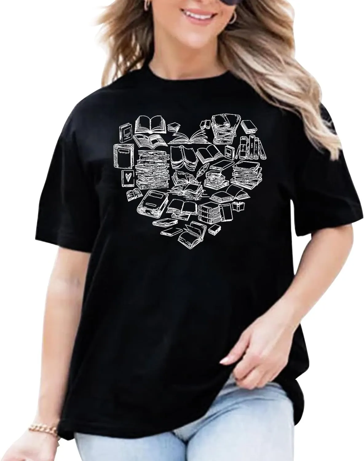 Womens Reading Shirts Book Lover Bookworms T-Shirt Book Heart Tops