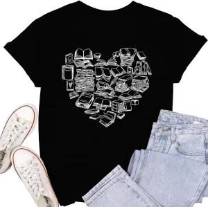 Womens Reading Shirts Book Lover Bookworms T-Shirt Book Heart Tops