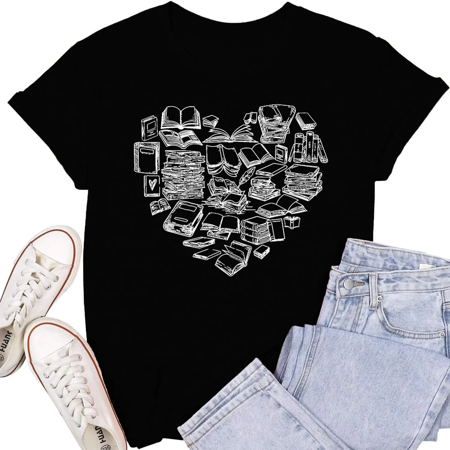 Womens Reading Shirts Book Lover Bookworms T-Shirt Book Heart Tops