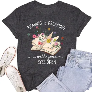 Womens Reading Shirts Book Lover Bookworms T-Shirt Book Heart Tops