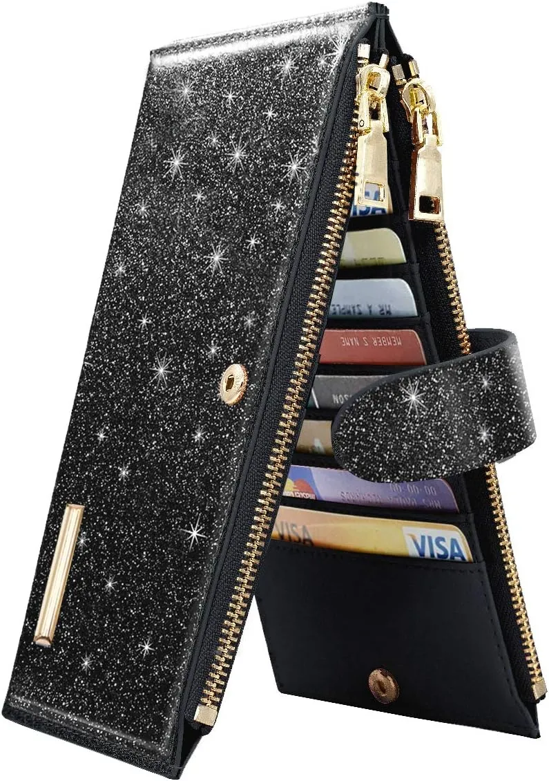 Womens RFID Blocking Large Capacity Wallet Multi Card Organizer Bifold Wallet for Women with Zipper Pocket