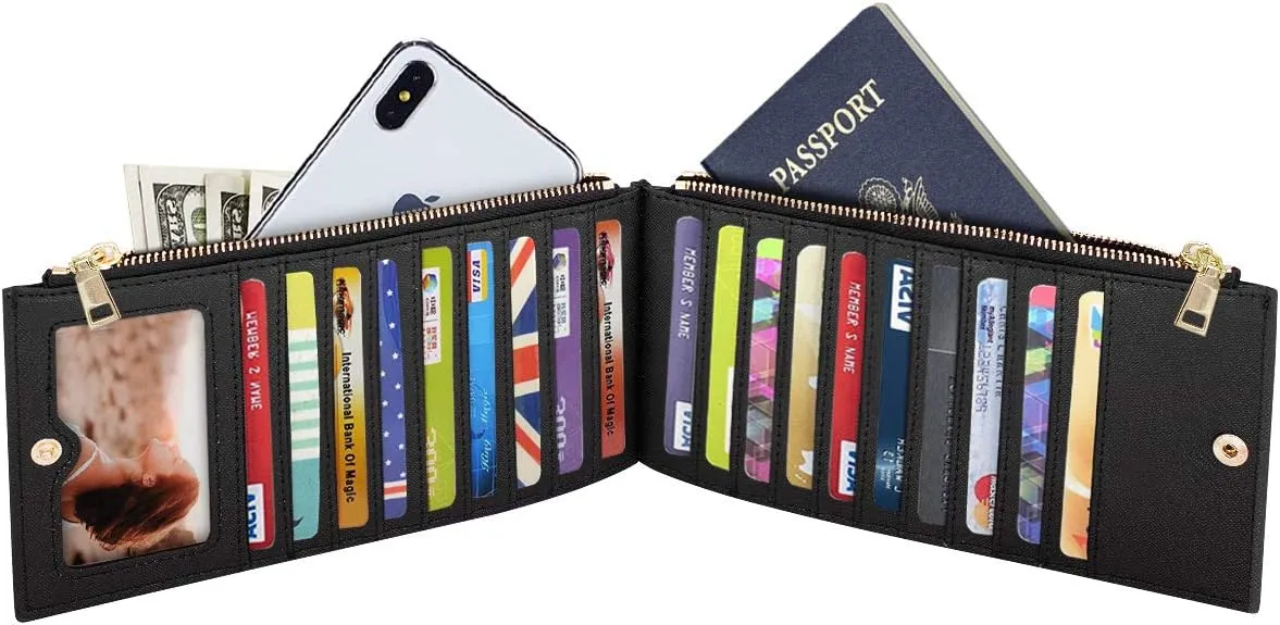 Womens RFID Blocking Large Capacity Wallet Multi Card Organizer Bifold Wallet for Women with Zipper Pocket