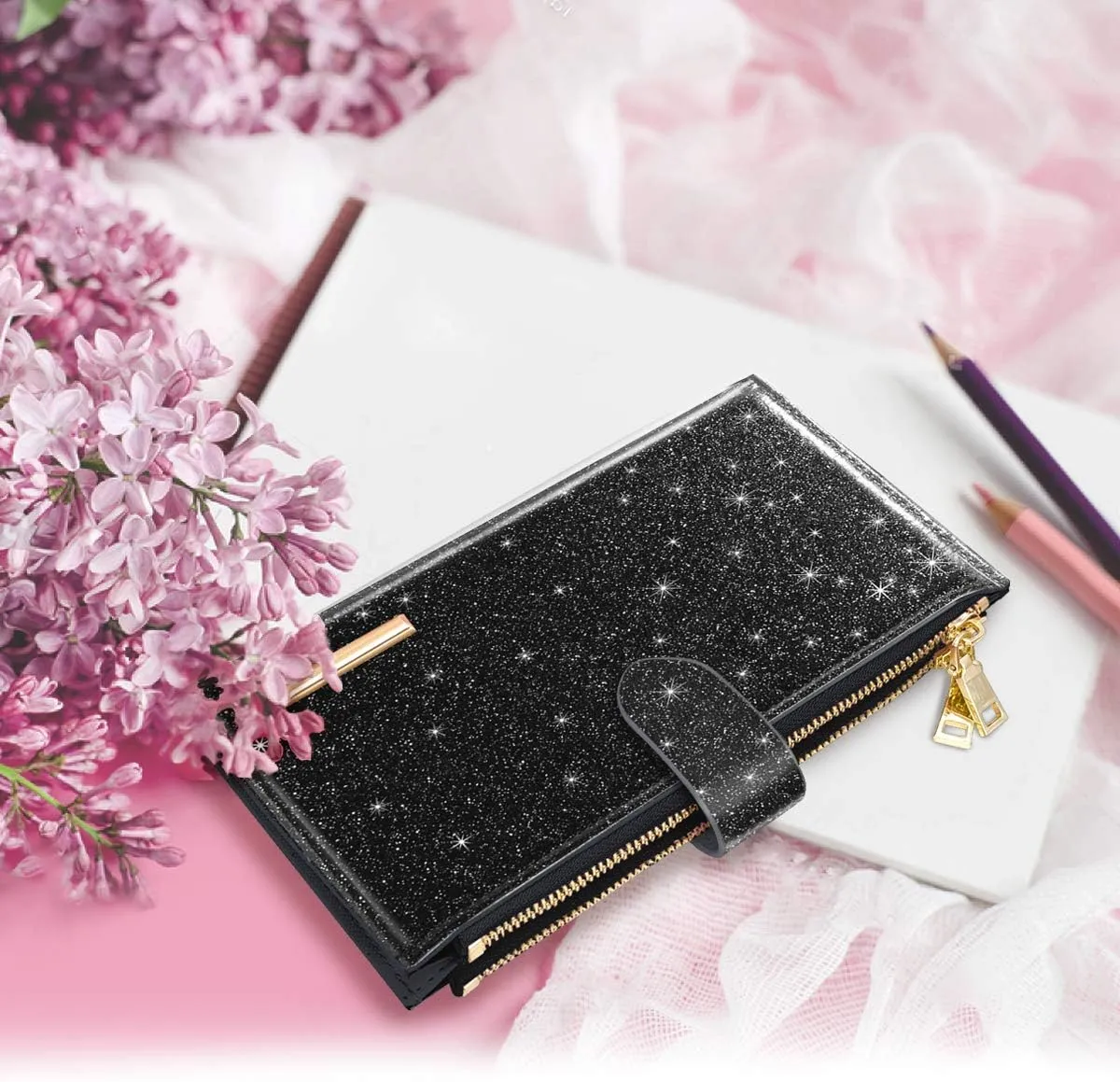 Womens RFID Blocking Large Capacity Wallet Multi Card Organizer Bifold Wallet for Women with Zipper Pocket