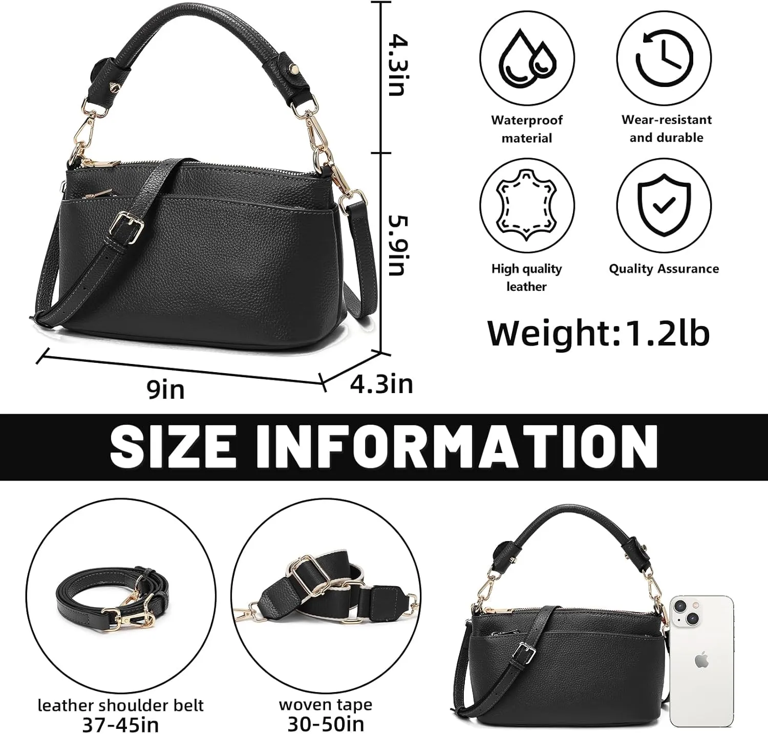 Women's Small Crossbody Bags Lady Cow Leather Shoulder Handbag Purse with 3 Shoulder Straps