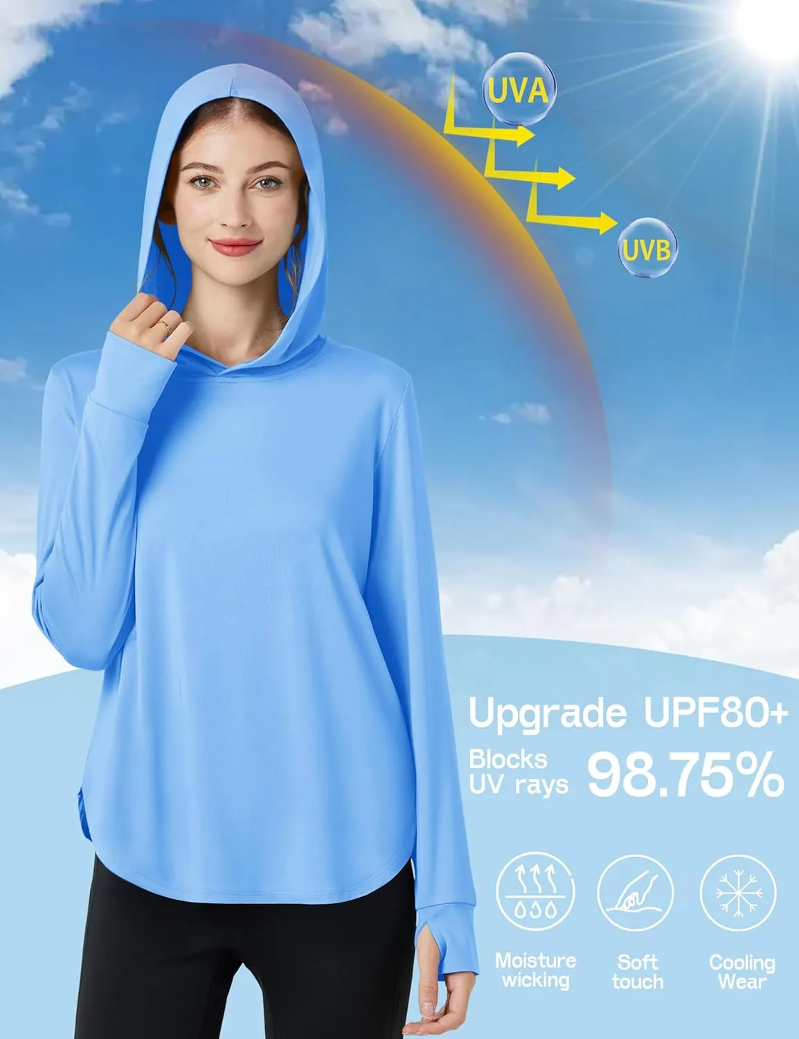 Womens Sun Protection Hoodies UPF 80  UV Shirts Long Sleeve Lightweight Hiking Fishing Workout Tops