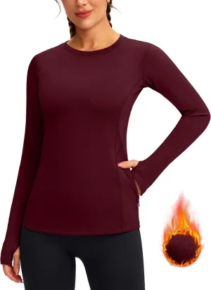 Women's Thermal Fleece Tops Long Sleeve Workout Shirts Running Athletic Base Layer with Thumb Holes Zipper Pocket