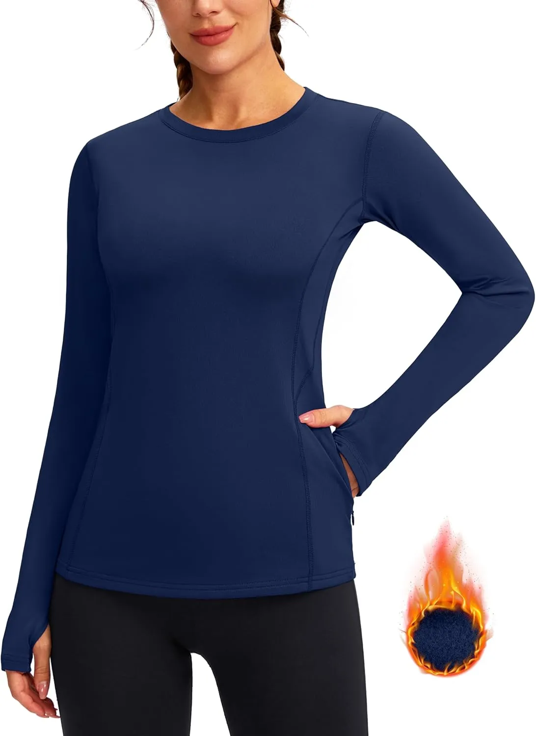 Women's Thermal Fleece Tops Long Sleeve Workout Shirts Running Athletic Base Layer with Thumb Holes Zipper Pocket