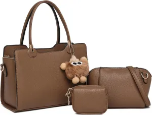 Women's Top Handle Bag Fashion Leather Handbags Purses Ladies Shoulder Bag with Pompom Satchel Purse Set 3pcs