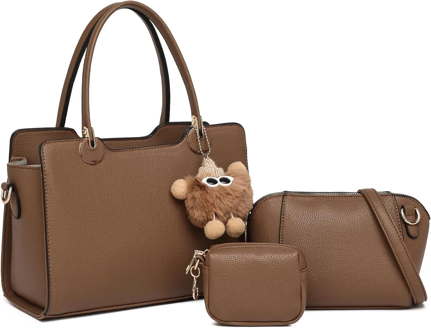 Women's Top Handle Bag Fashion Leather Handbags Purses Ladies Shoulder Bag with Pompom Satchel Purse Set 3pcs