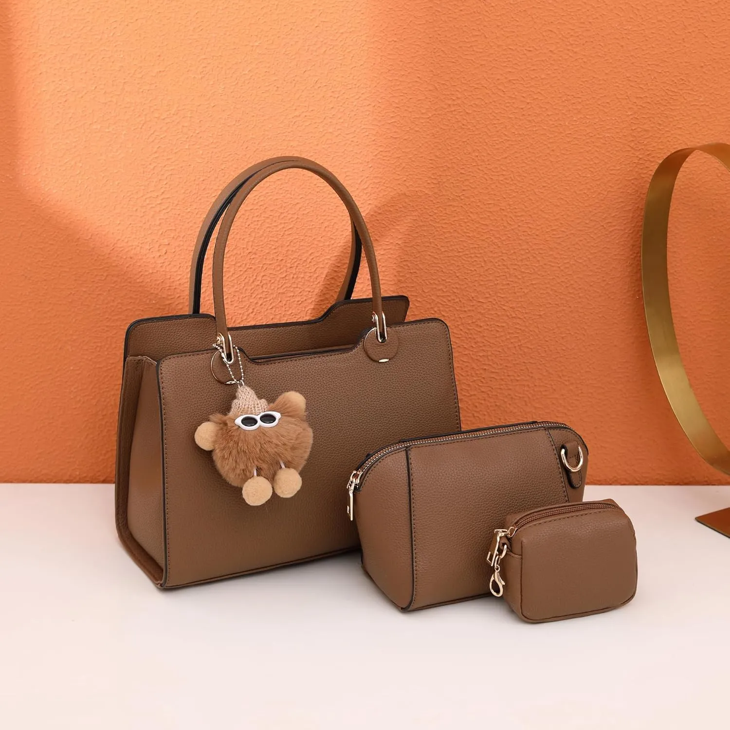 Women's Top Handle Bag Fashion Leather Handbags Purses Ladies Shoulder Bag with Pompom Satchel Purse Set 3pcs