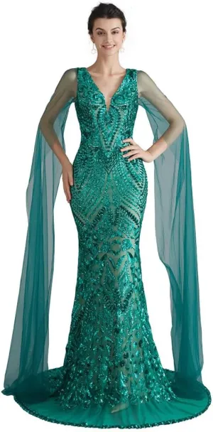 Women's V-Neck Sequins Mermaid Evening Dress with Sheer Sleeves