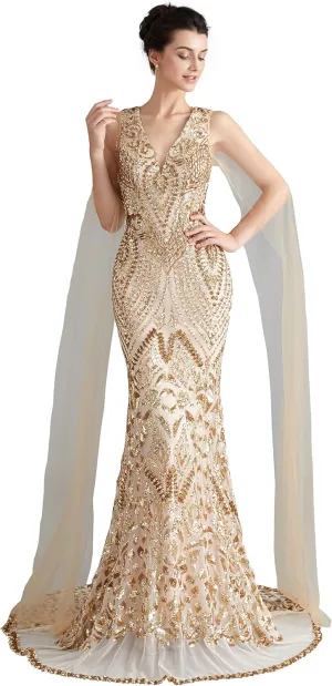 Women's V-Neck Sequins Mermaid Evening Dress with Sheer Sleeves