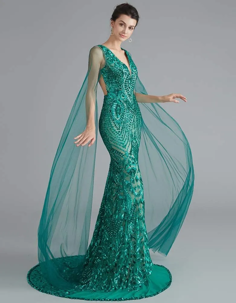 Women's V-Neck Sequins Mermaid Evening Dress with Sheer Sleeves