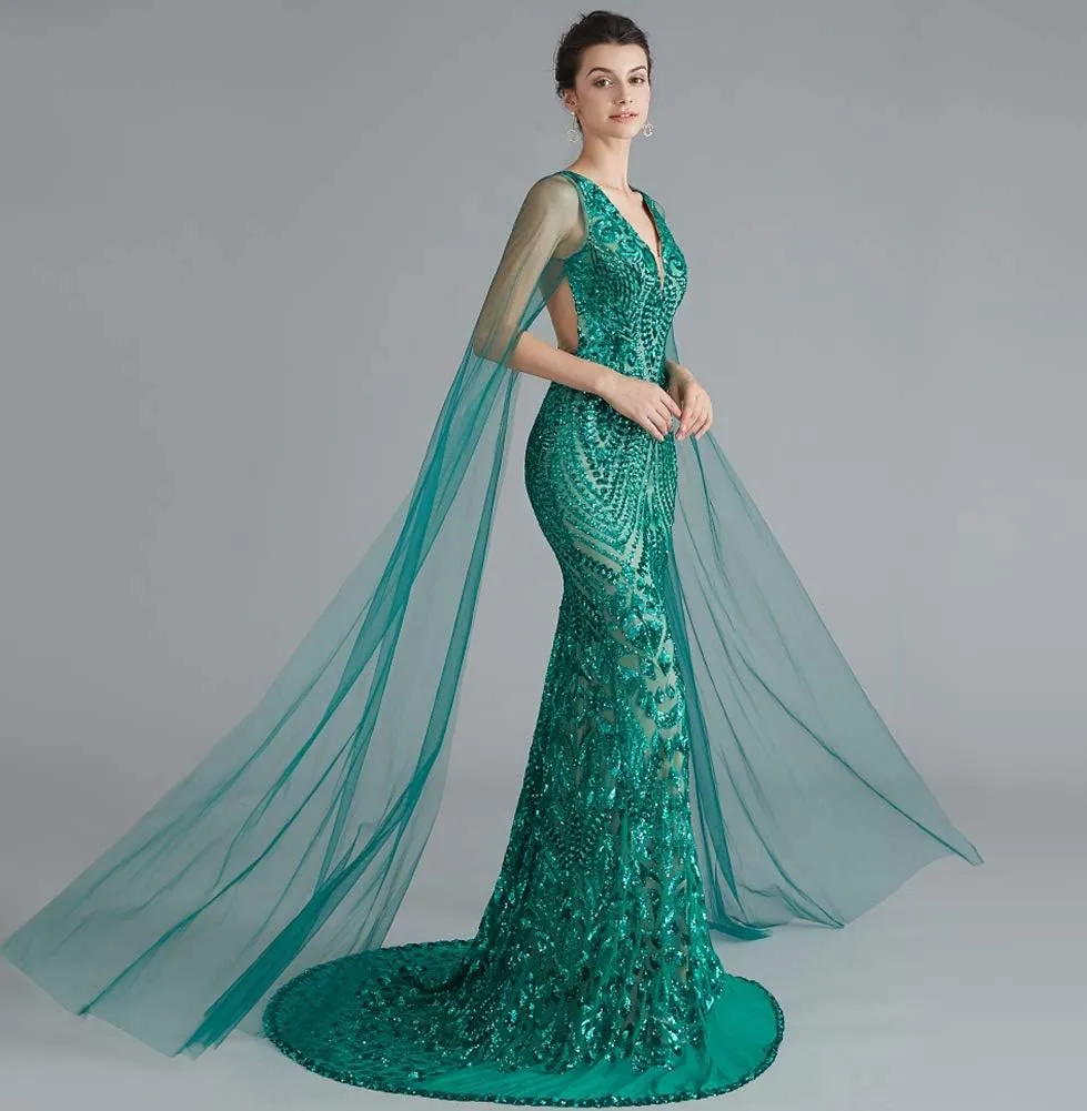 Women's V-Neck Sequins Mermaid Evening Dress with Sheer Sleeves