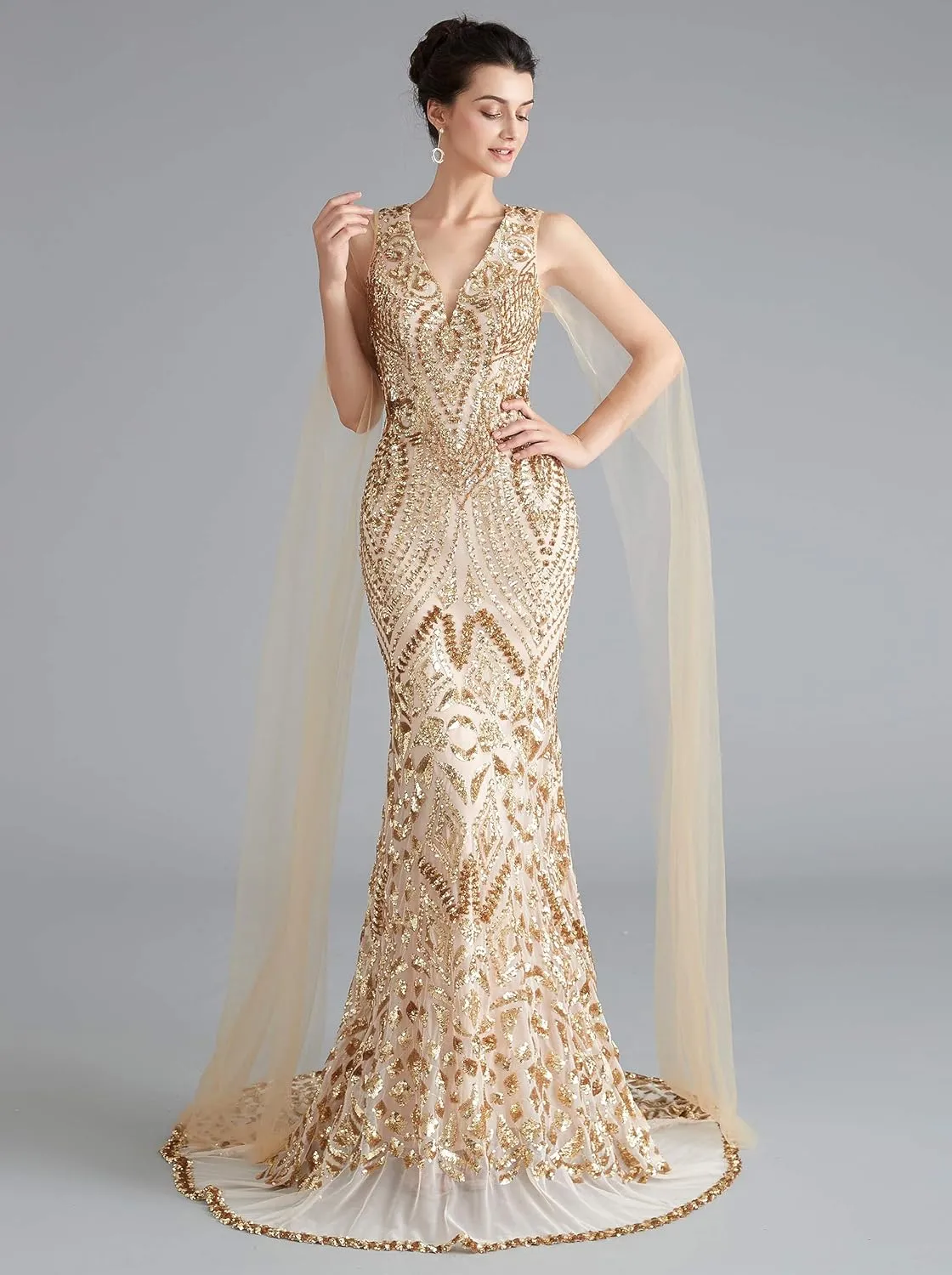 Women's V-Neck Sequins Mermaid Evening Dress with Sheer Sleeves