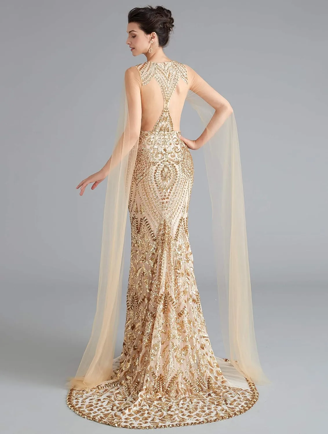 Women's V-Neck Sequins Mermaid Evening Dress with Sheer Sleeves