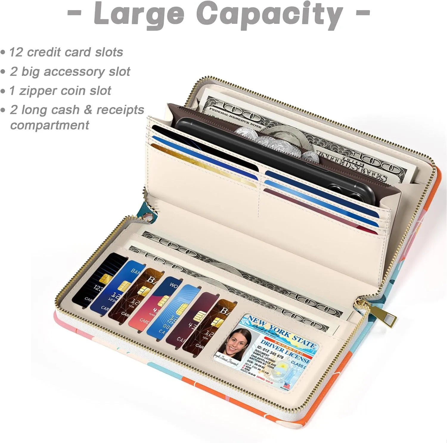 Womens Wallet, RFID Wristlet Wallets for Women, Ladies Clutch Purses, Large Travel Card Holder with Phone Holder