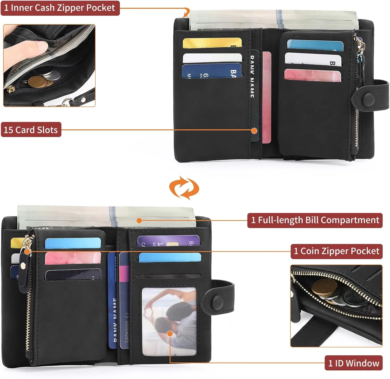 Womens Wallet Small Bifold Leather Wallets Women RFID blocking Ladies Wristlet with Card holder ID window Coin Purse