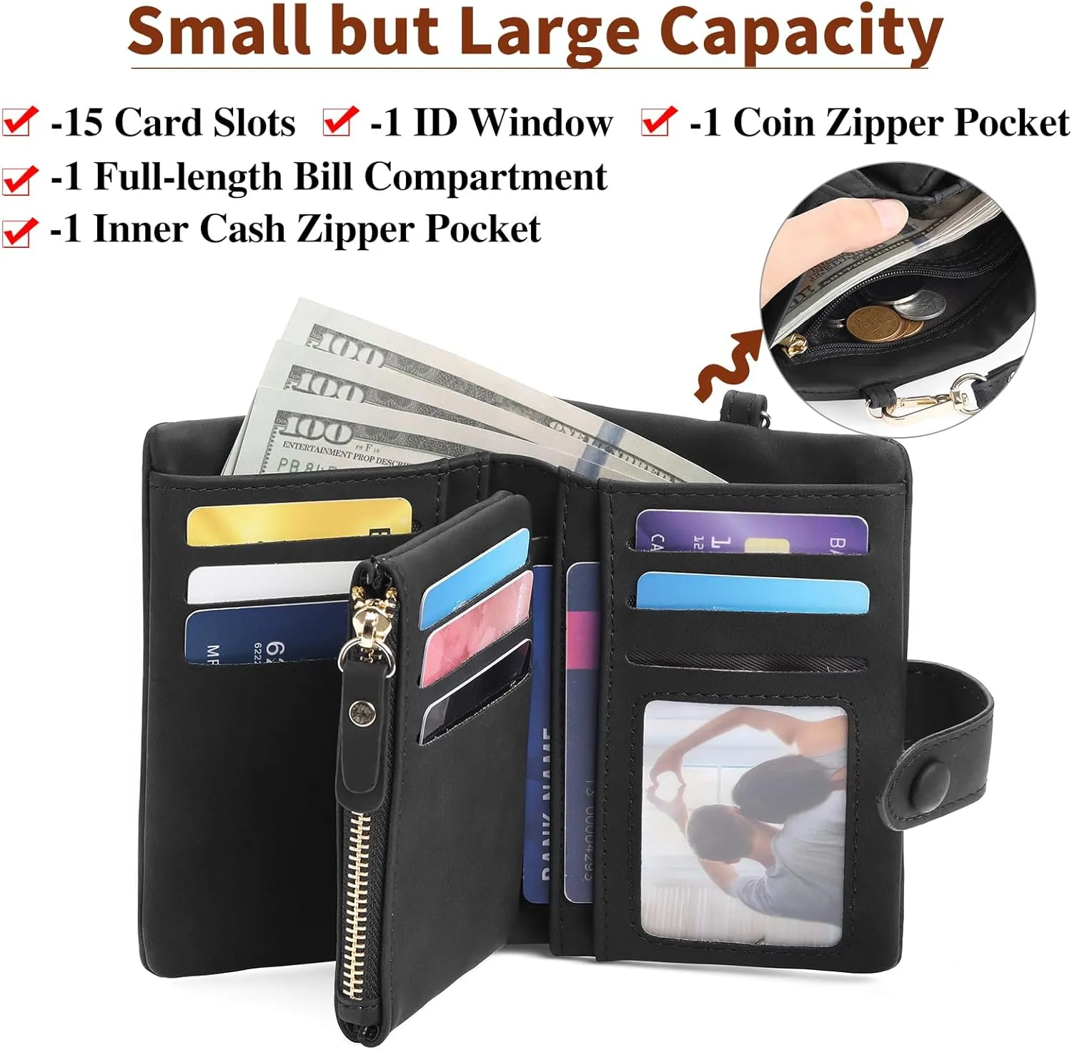 Womens Wallet Small Bifold Leather Wallets Women RFID blocking Ladies Wristlet with Card holder ID window Coin Purse
