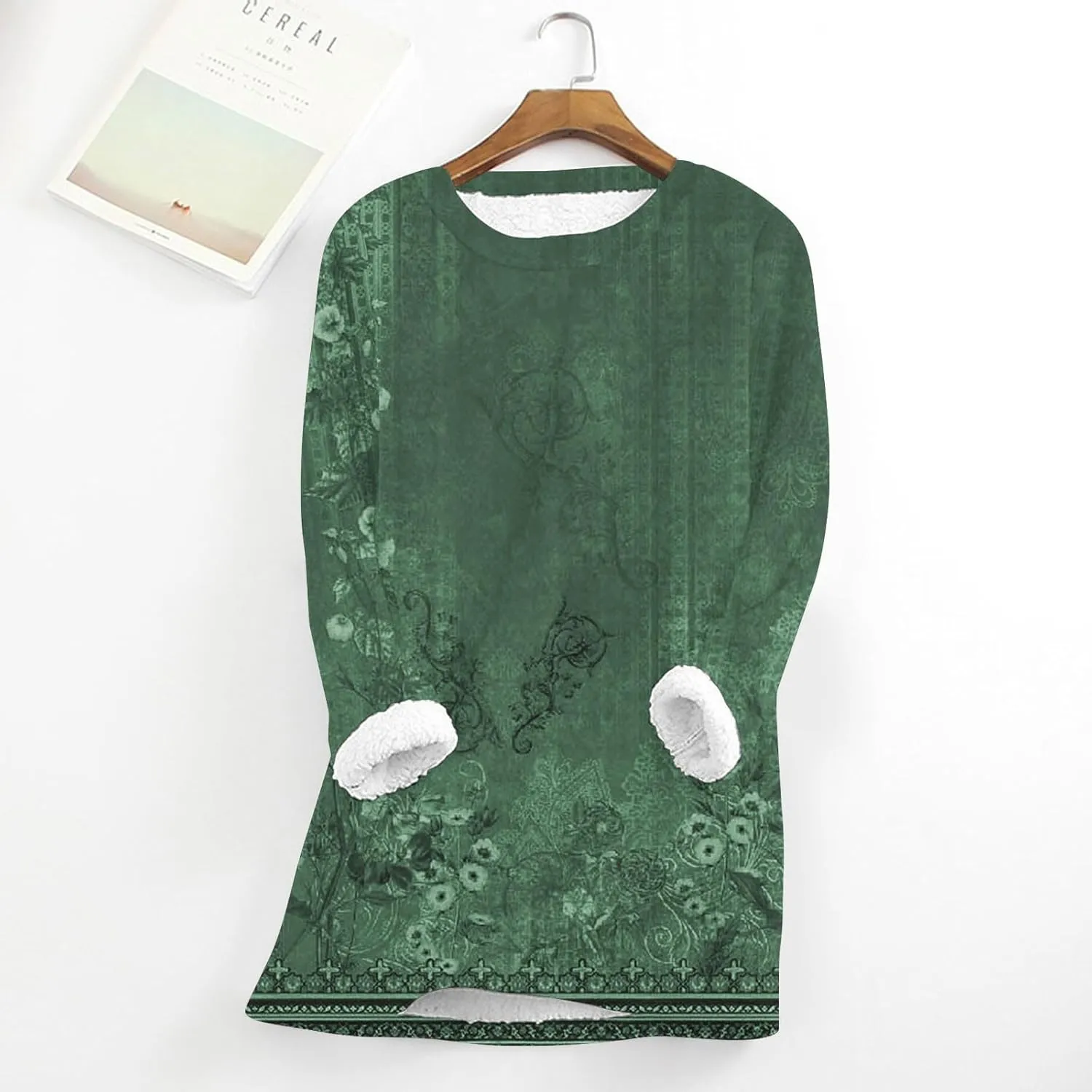 Women's Warm Winter Shirts Flower Pattern Print Sherpa Lined Fleece Blouses Tops Vintage Casual T Shirt