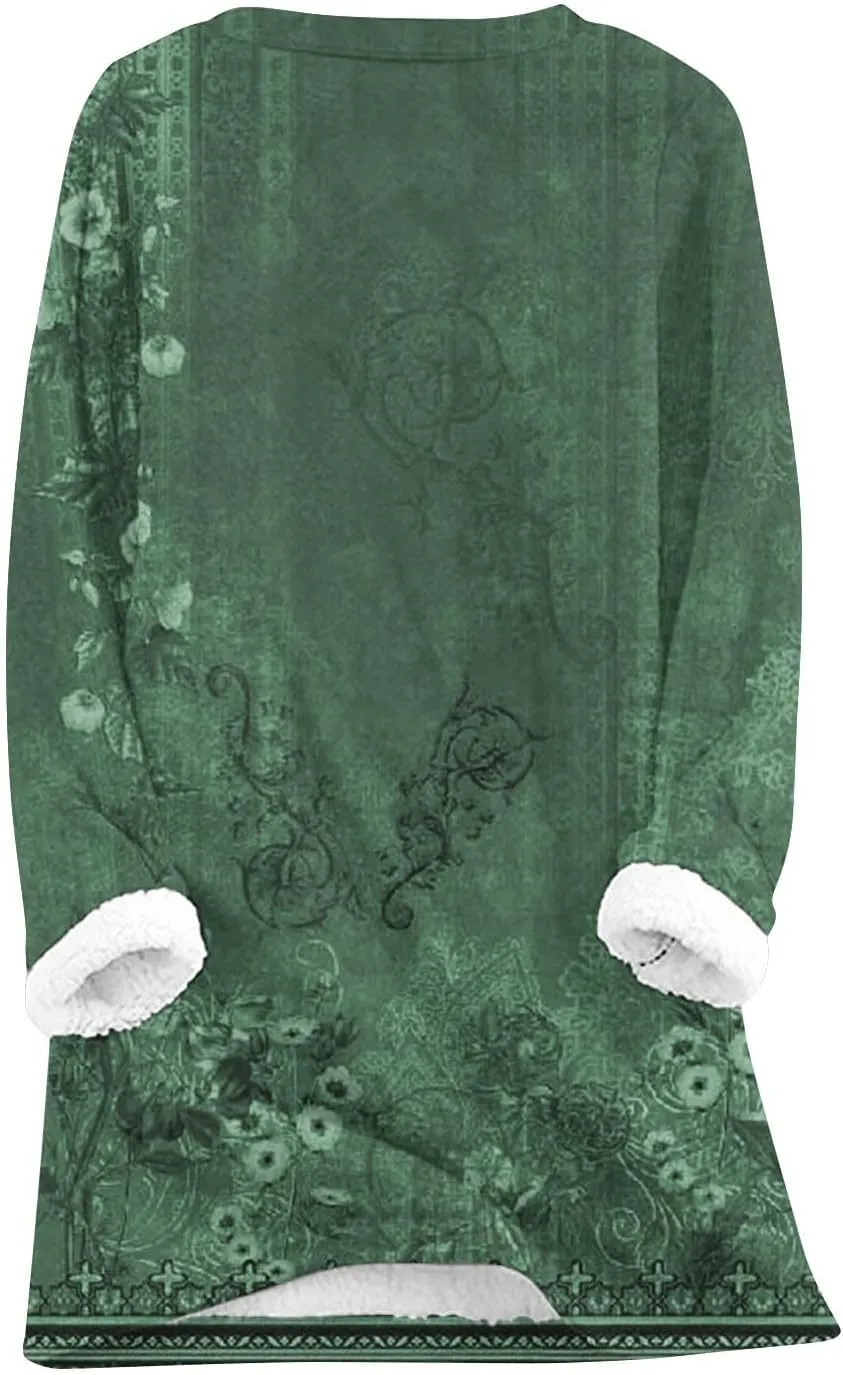 Women's Warm Winter Shirts Flower Pattern Print Sherpa Lined Fleece Blouses Tops Vintage Casual T Shirt
