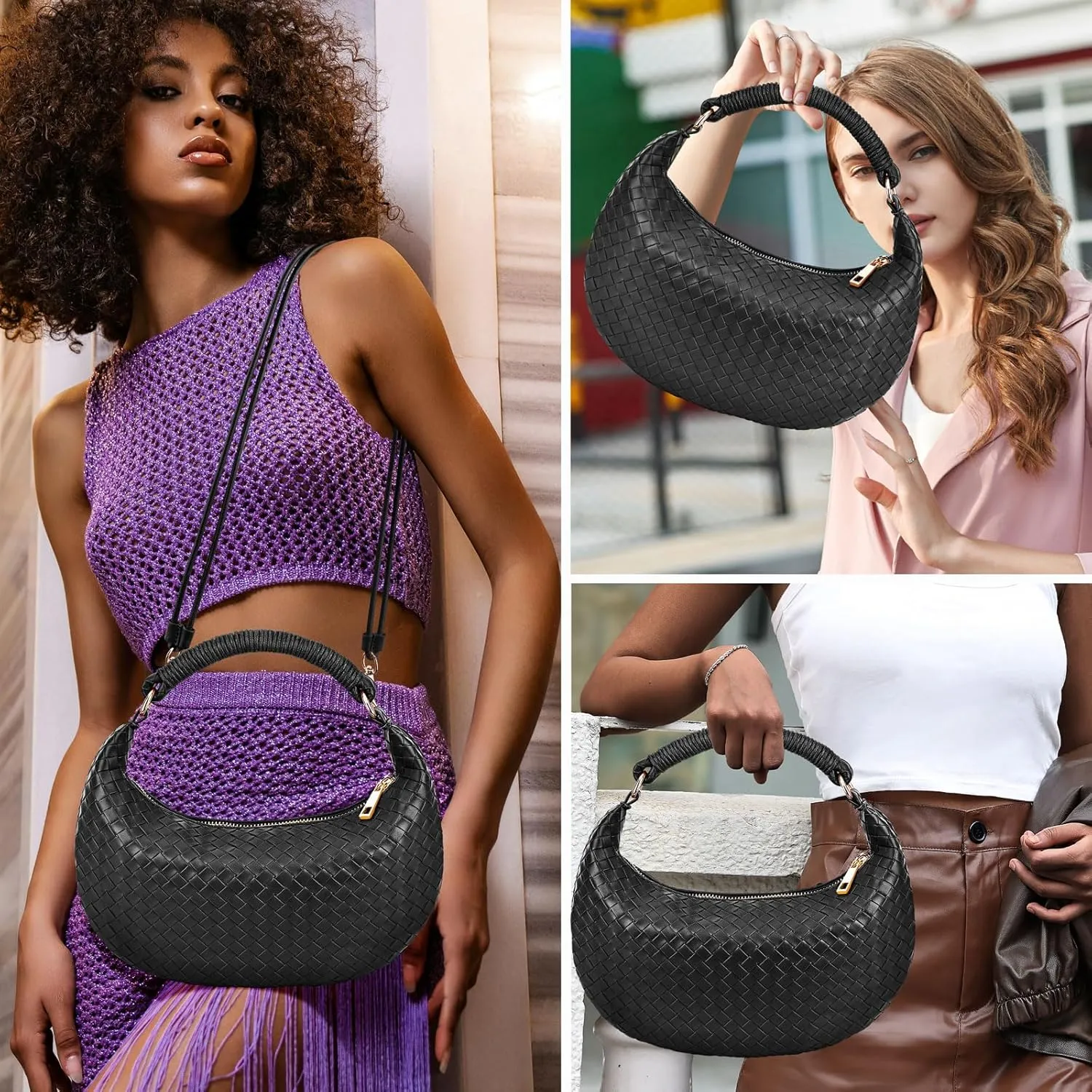 Woven Purse for Women,Small Woven Texture Hobo Dumpling Bag,Trendys Vegan Leather Handbag,Holiday Shoulder Bag Gift