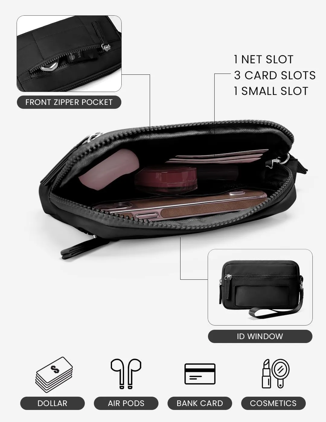 Wristlet Wallets for Women Nylon Quilted Wallet Card Case with ID Window Purses for Women for Travel Clutch Wallet