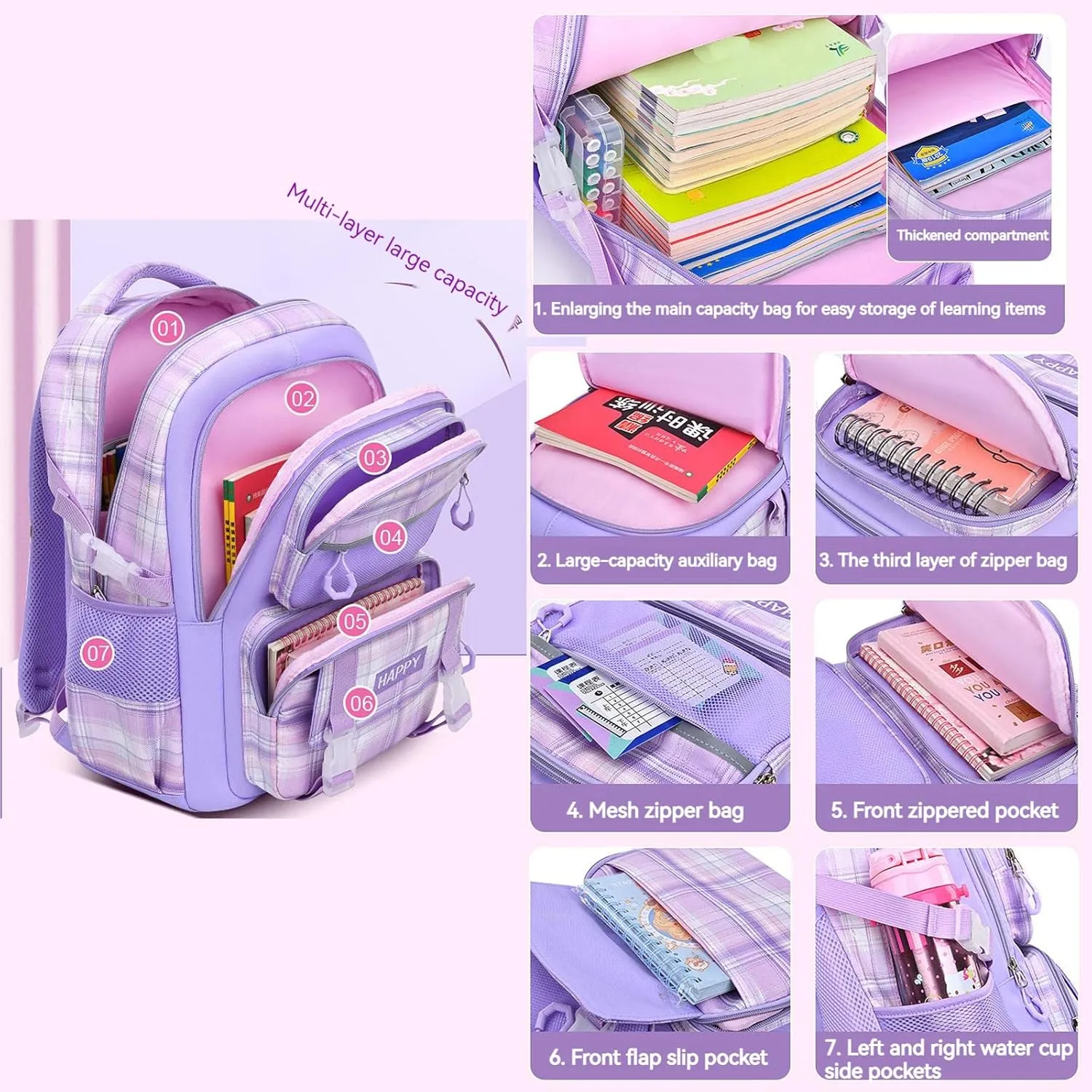 WYCY Kids Backpack School Backpacks for Girls Large Bookbags for Teen Girls Cute Book Bag with Compartments (School bag Insulated Lunch Bag Pencil Case Pink)