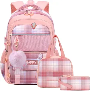 WYCY Kids Backpack School Backpacks for Girls Large Bookbags for Teen Girls Cute Book Bag with Compartments (School bag Insulated Lunch Bag Pencil Case Pink)