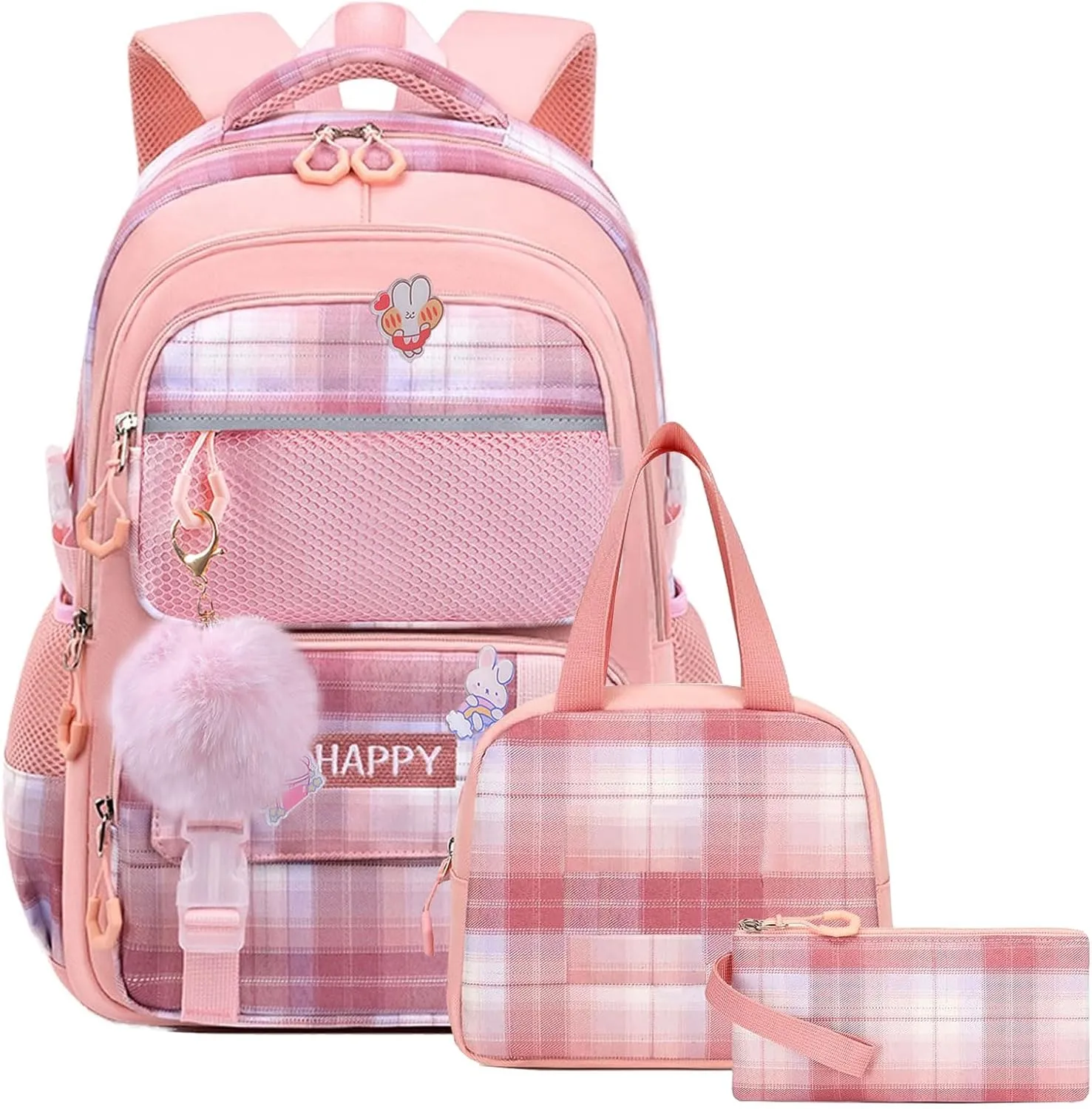 WYCY Kids Backpack School Backpacks for Girls Large Bookbags for Teen Girls Cute Book Bag with Compartments (School bag Insulated Lunch Bag Pencil Case Pink)