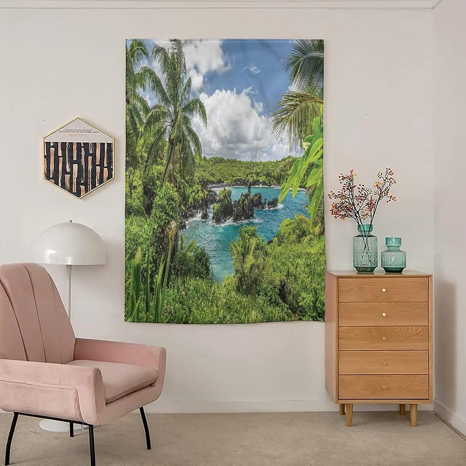 XISUNYA Adjustable Blackout Shades, Hawaiian Portable Blackout Curtain, Relaxing Lagoon Coconut Print Living Room Bedroom Window Drapes,35W x63L Inch, for Bathroom Living Room Bedroom
