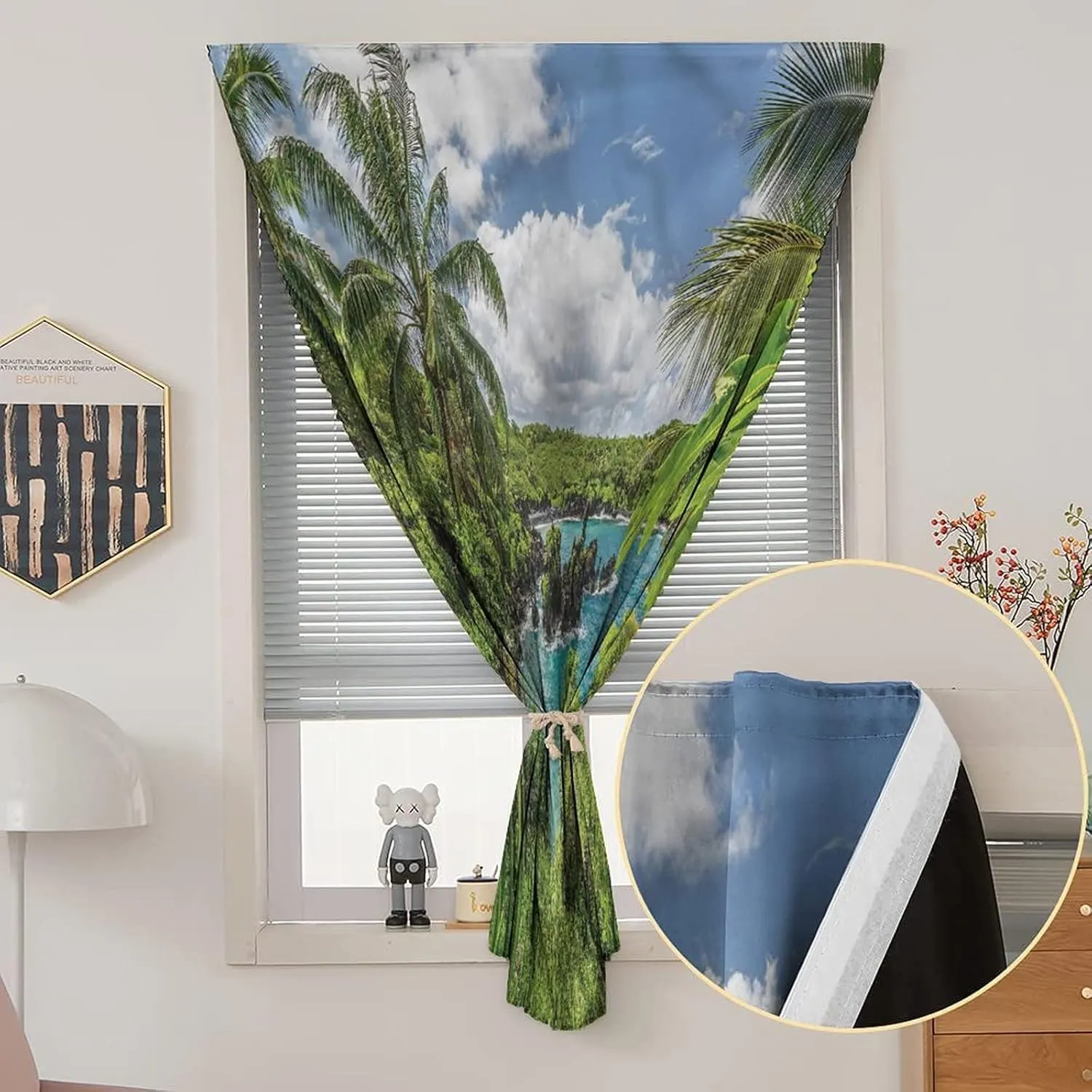 XISUNYA Adjustable Blackout Shades, Hawaiian Portable Blackout Curtain, Relaxing Lagoon Coconut Print Living Room Bedroom Window Drapes,35W x63L Inch, for Bathroom Living Room Bedroom