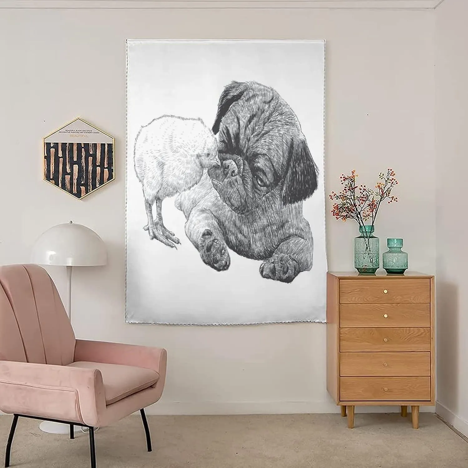 XISUNYA Self Adhesive Portable Blackout Curtains, Pug Room Darkening Curtains, Picture of Pug and Little Chick Drawn Print Temporary Blackout Blinds,59W x84L Inches, for Bathroom Living Room Bedroom