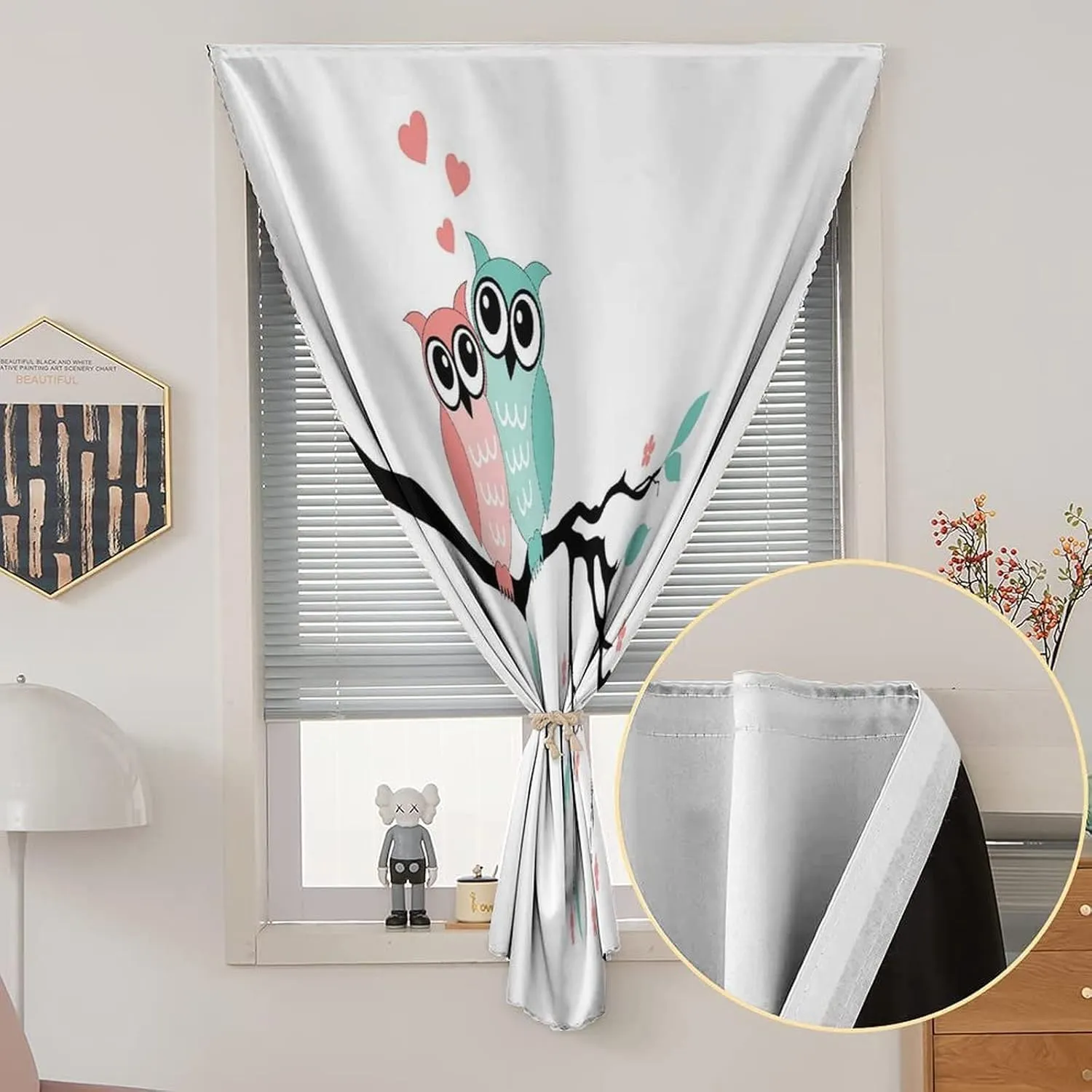 XISUNYA Self Adhesive Portable Blackout Curtains, Valentines Love Room Darkening Curtains, Cute Owl Couple Sitting on Tree Branch Print Temporary Blackout Blinds,47W x54L Inches, for Bathroom Bedroom