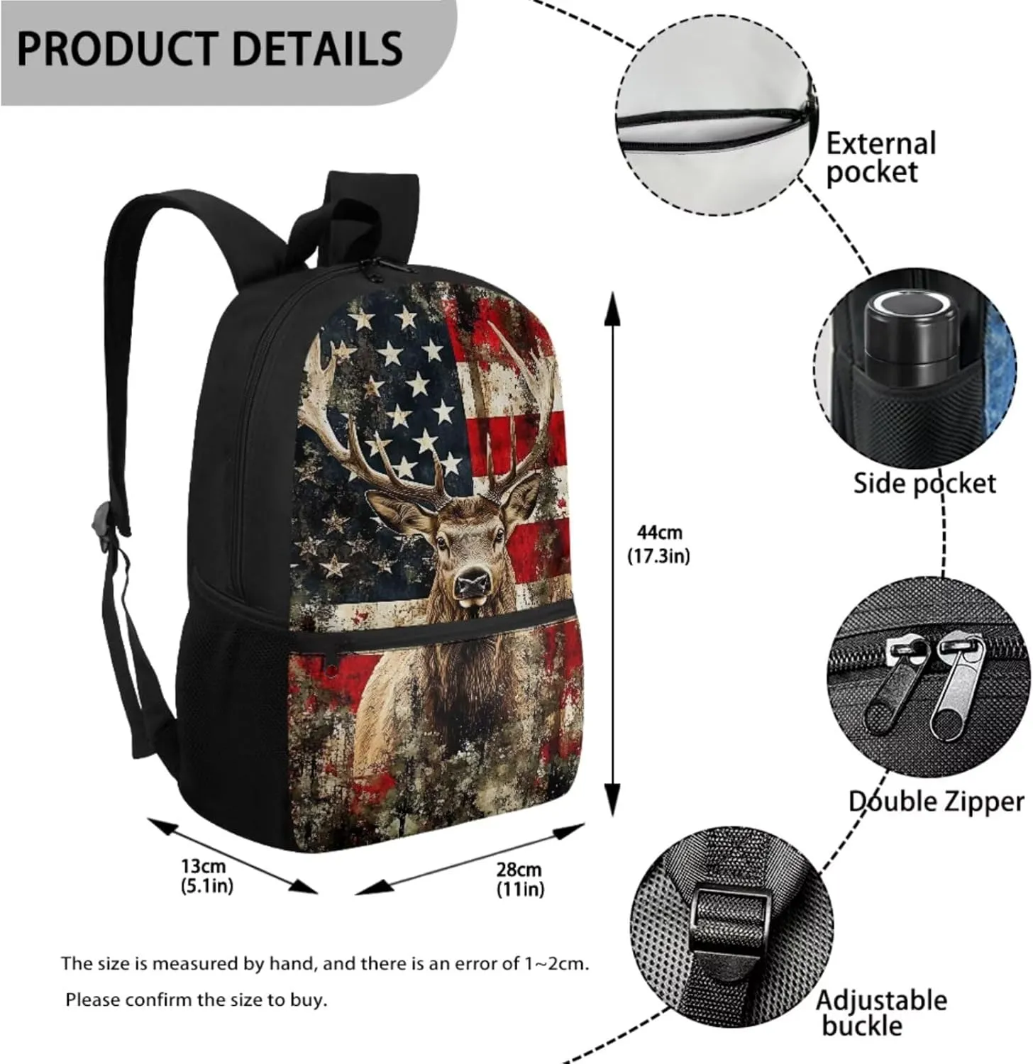 Xoenoiee American Flag Hunting Elk Pattern Back to School Backpack Set of 3 Teens Students 17in Large Schoolbag Thermal Lunch Box Pencil Bag 3 in 1 for Boys
