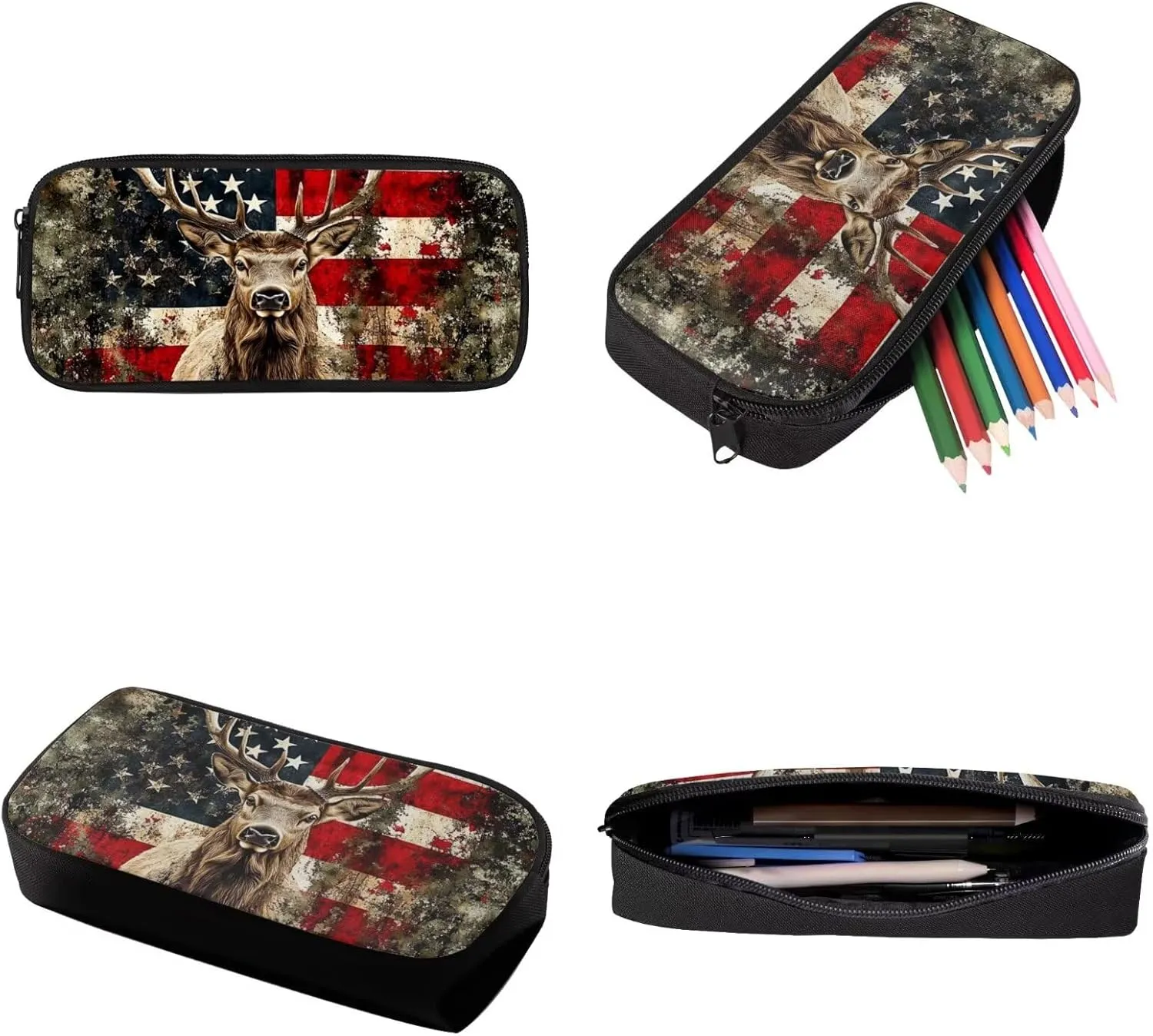 Xoenoiee American Flag Hunting Elk Pattern Back to School Backpack Set of 3 Teens Students 17in Large Schoolbag Thermal Lunch Box Pencil Bag 3 in 1 for Boys