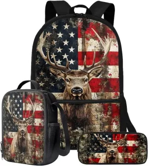 Xoenoiee American Flag Hunting Elk Pattern Back to School Backpack Set of 3 Teens Students 17in Large Schoolbag Thermal Lunch Box Pencil Bag 3 in 1 for Boys