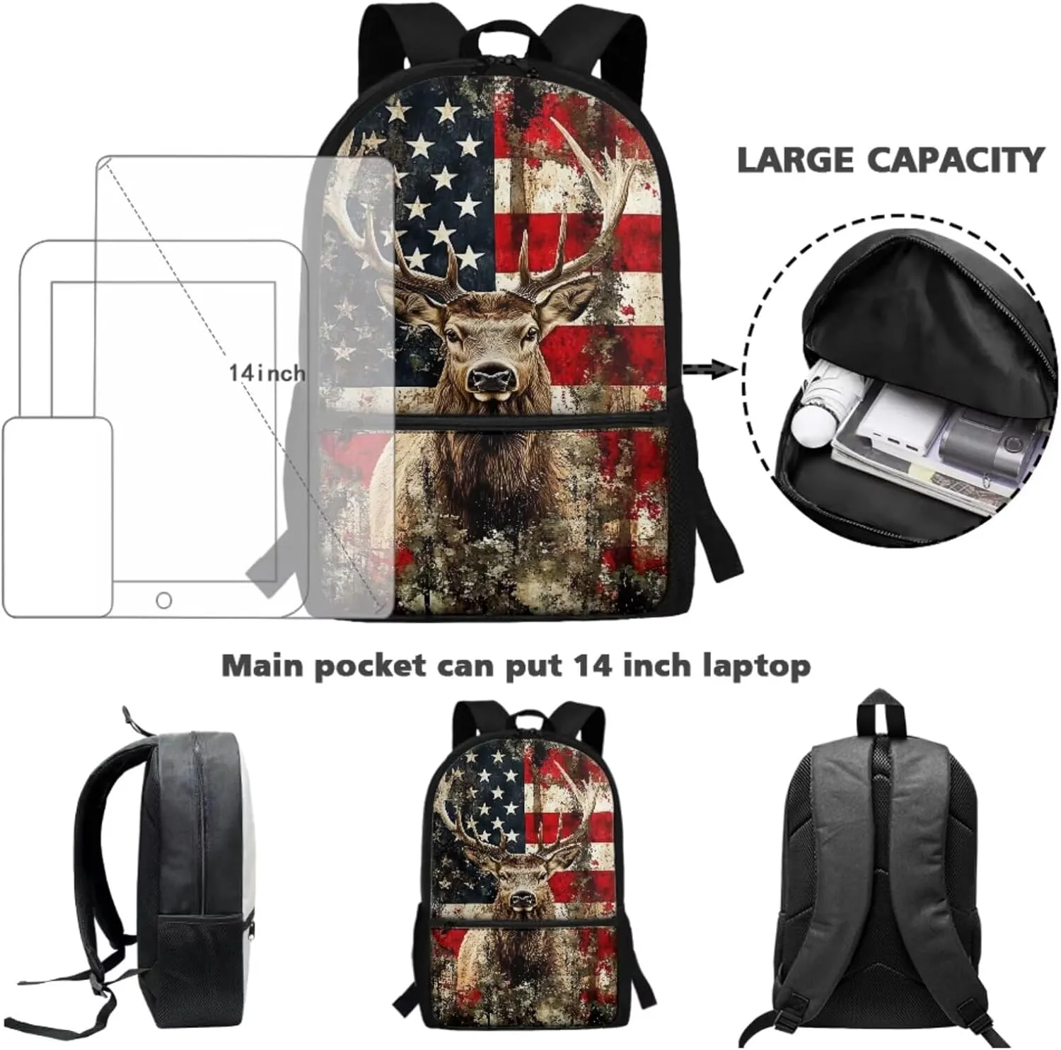 Xoenoiee American Flag Hunting Elk Pattern Back to School Backpack Set of 3 Teens Students 17in Large Schoolbag Thermal Lunch Box Pencil Bag 3 in 1 for Boys